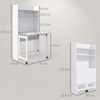 HOMCOM Foldable Desktop, Computer Desk with Storage Shelves, 80 x 69 x 155 cm, White