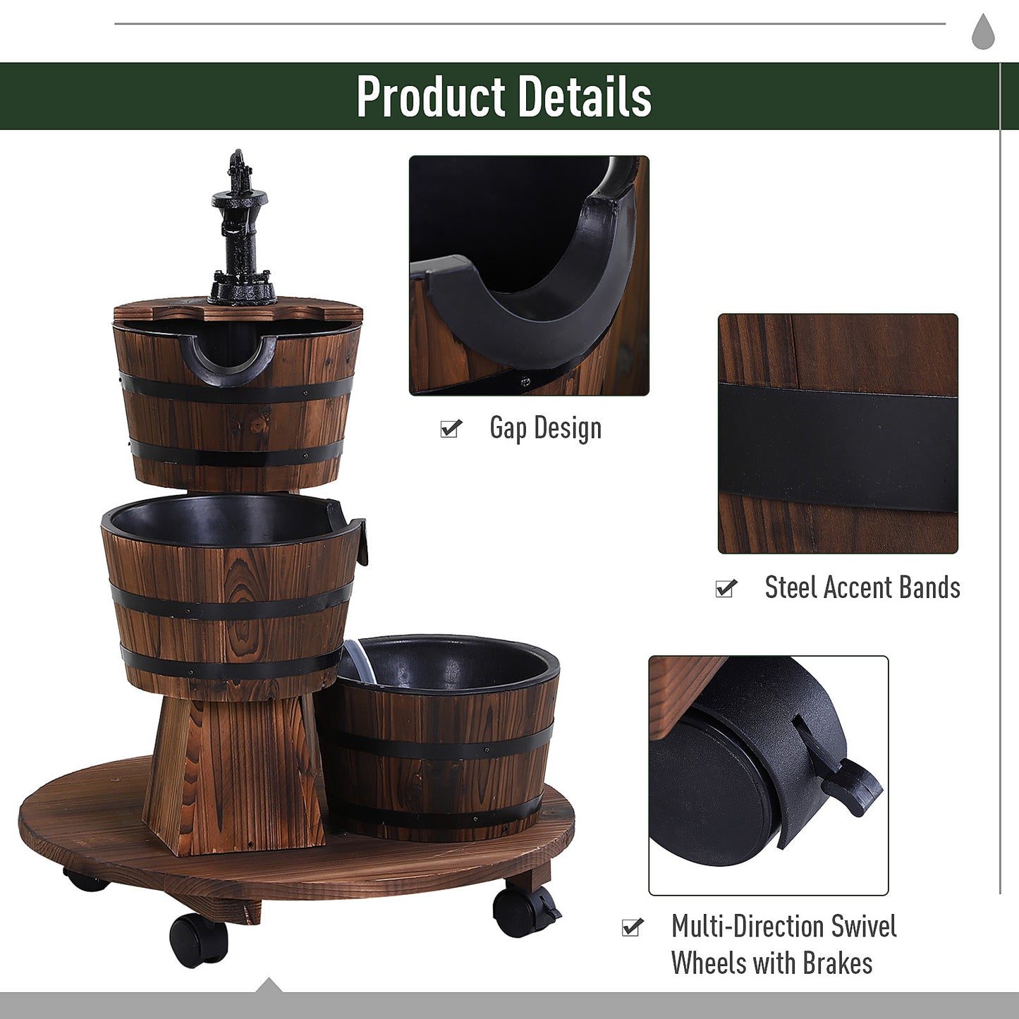 Outsunny Wooden Garden Wishing Well Fountain Barrel Waterfall Rustic Wood with Pump Garden Décor Ornament