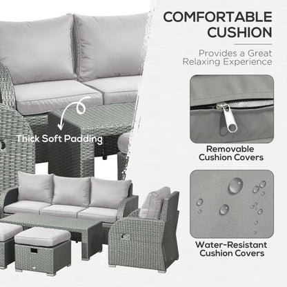 Outsunny Six-piece Outdoor Rattan Dining Set, Outdoor Sofa Set with Reclining Armchairs and Mental Frame, Grey