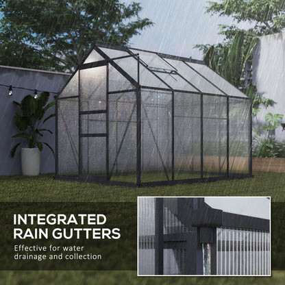 Outsunny 6 x 8ft Polycarbonate Greenhouse, Large Walk in Green House with Slide Door and Window, Garden Plants Grow House with Aluminium Frame and Foundation, Grey