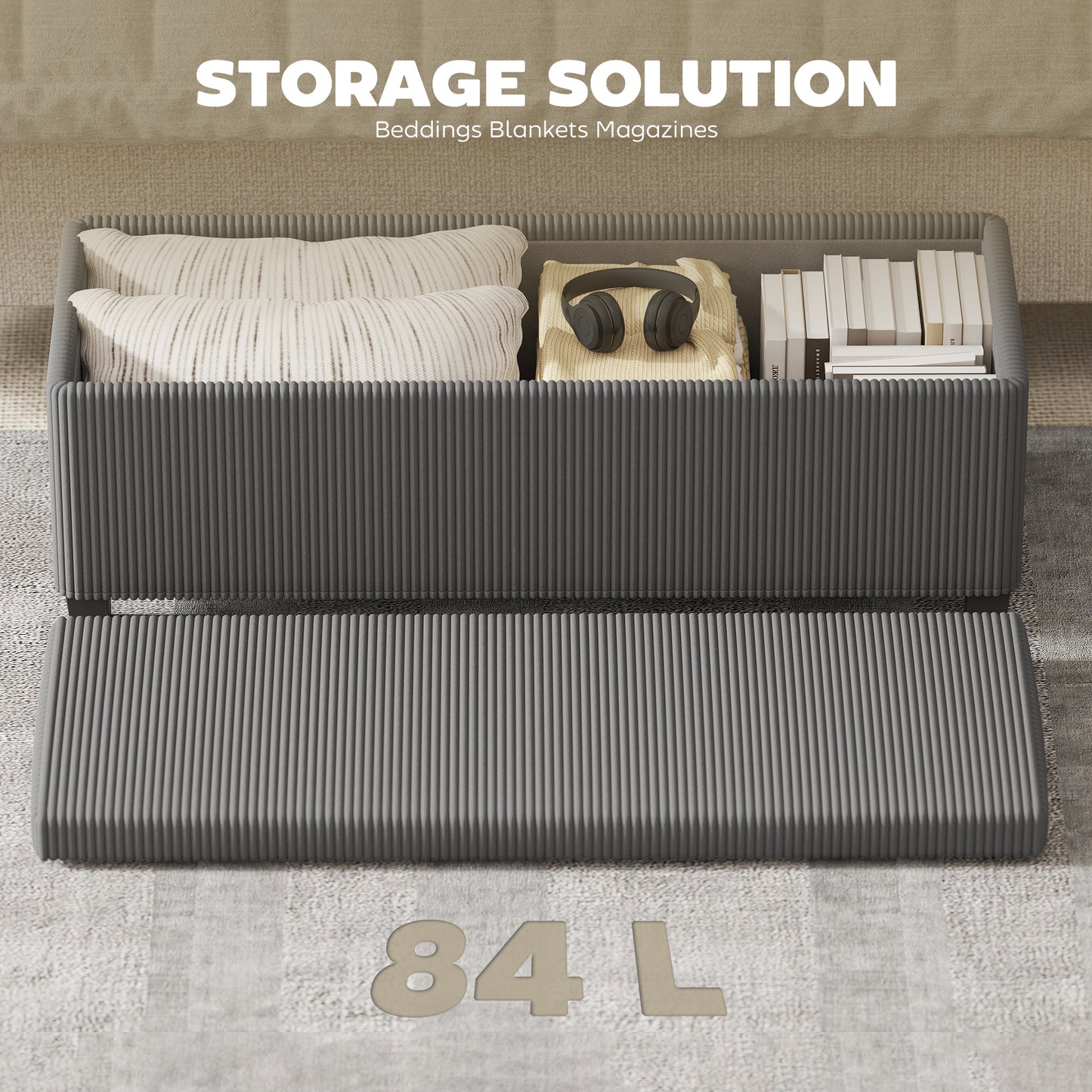 HOMCOM 84L Corduroy Storage Ottoman - Grey