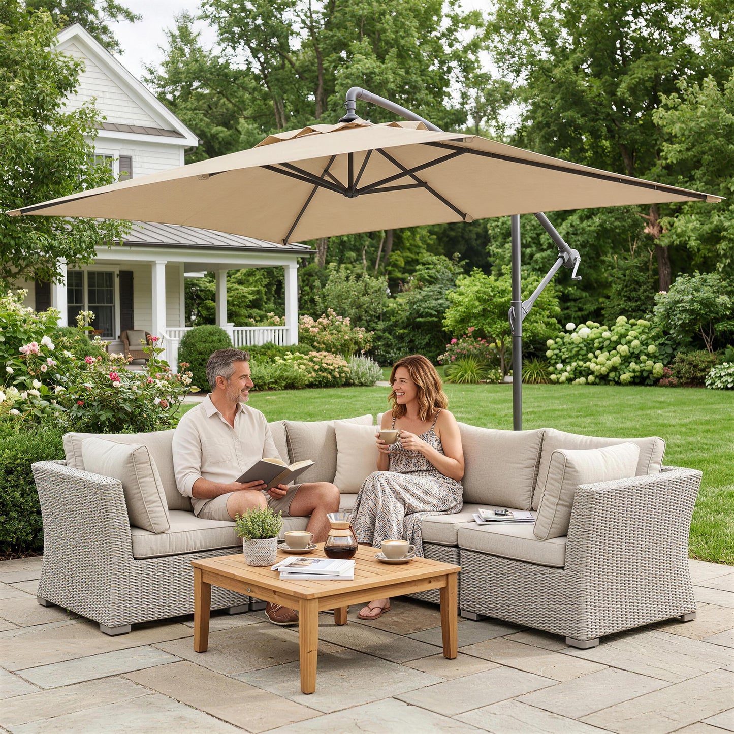 Outsunny 3m Square Canopy Cantilever Parasol, with Cross Base - Beige