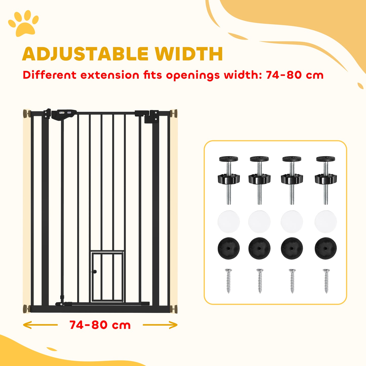 PawHut Extra Tall Pet Gate, Indoor Dog Safety Gate, with Cat Flap, Auto Close, 74-80cm Wide - Black--ChewyGames-ChewyGames