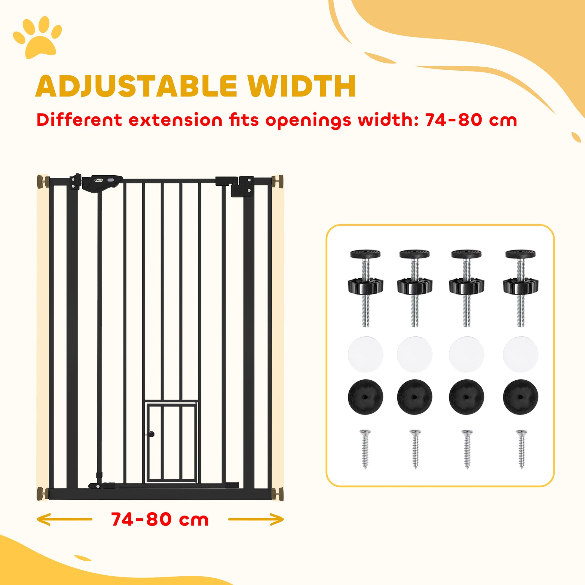 PawHut Extra Tall Pet Gate, Indoor Dog Safety Gate, with Cat Flap, Auto Close, 74-80cm Wide - Black--ChewyGames-ChewyGames