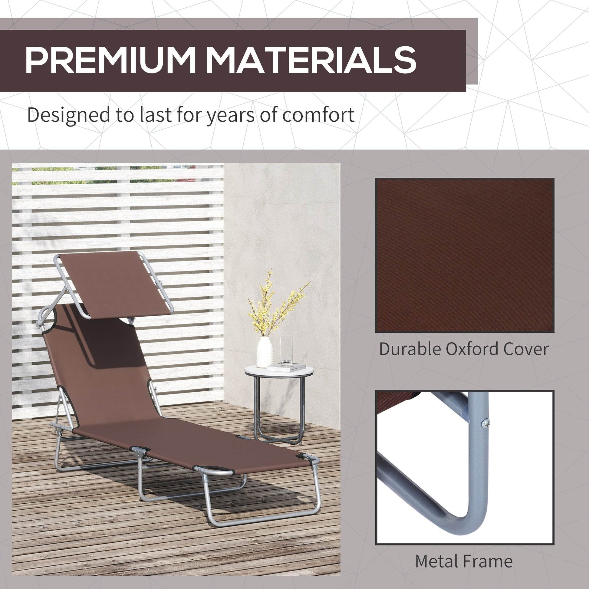 Outsunny 2 Pieces Outdoor Foldable Sun Lounger, 4 Level Adjustable Backrest Reclining Sun Lounger Chair with Angle Adjust Sun Shade Awning for Beach, Garden, Patio, Brown