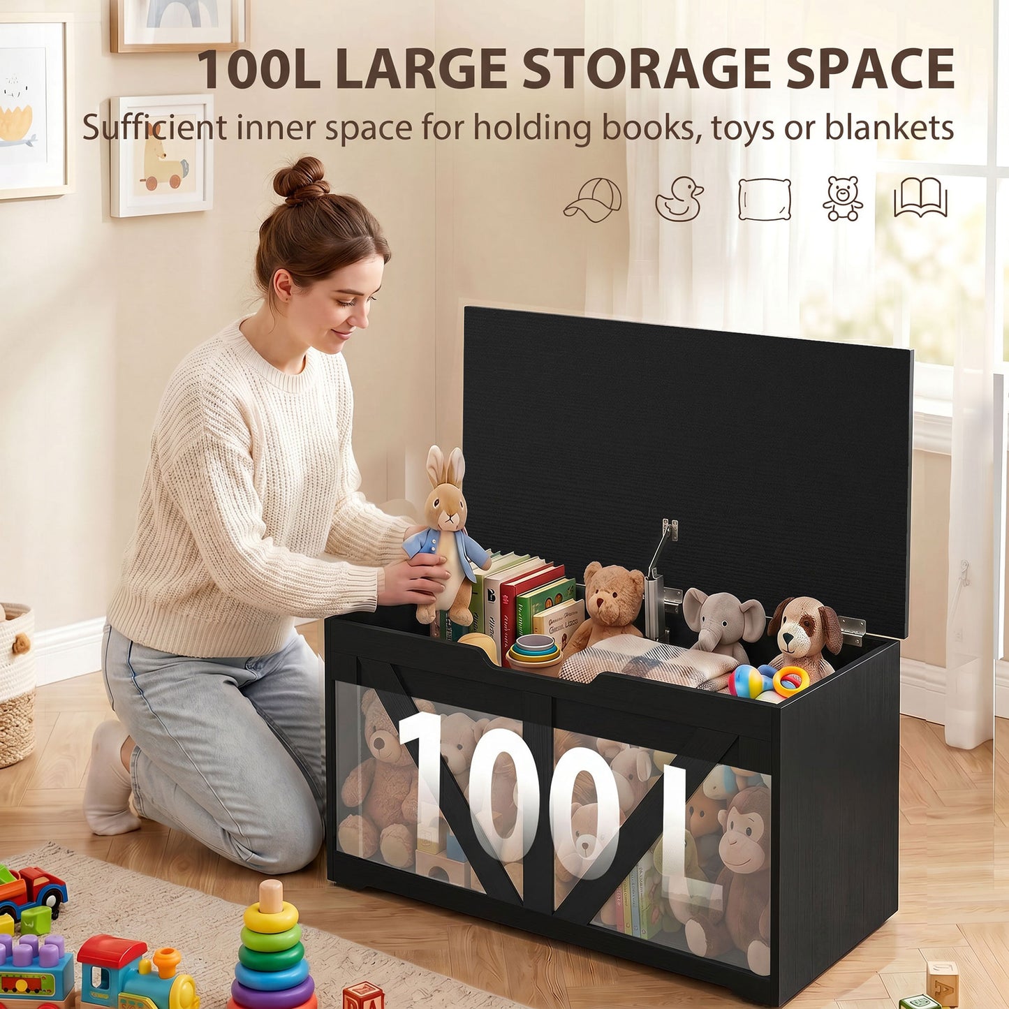 HOMCOM 100L Home Storage Box, with Safety Hinge - Black Wood-Effect