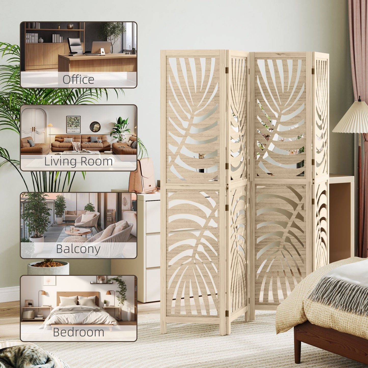 HOMCOM 4 Panel Privacy Screens, Detachable Folding Room Divider with Palm Leaf Design for Home Office, Natural Wood Finish
