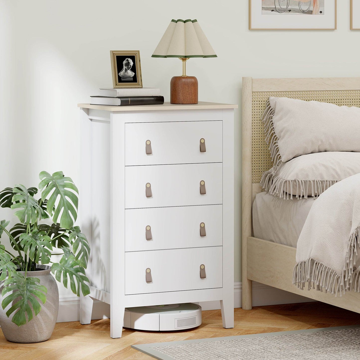 HOMCOM Bedroom Chest of Drawers, Modern 4 Drawer Dresser Cabinet with PU Leather Handles and Metal Runners for Living Room, Hallway, Entryway, 60 x 40 x 98 cm, White