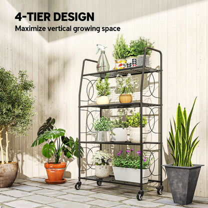 Outsunny 4-Tier Metal Plant Stand, Heavy Duty Ladder Shelf Potted Plants Display Rack with Lockable Wheels