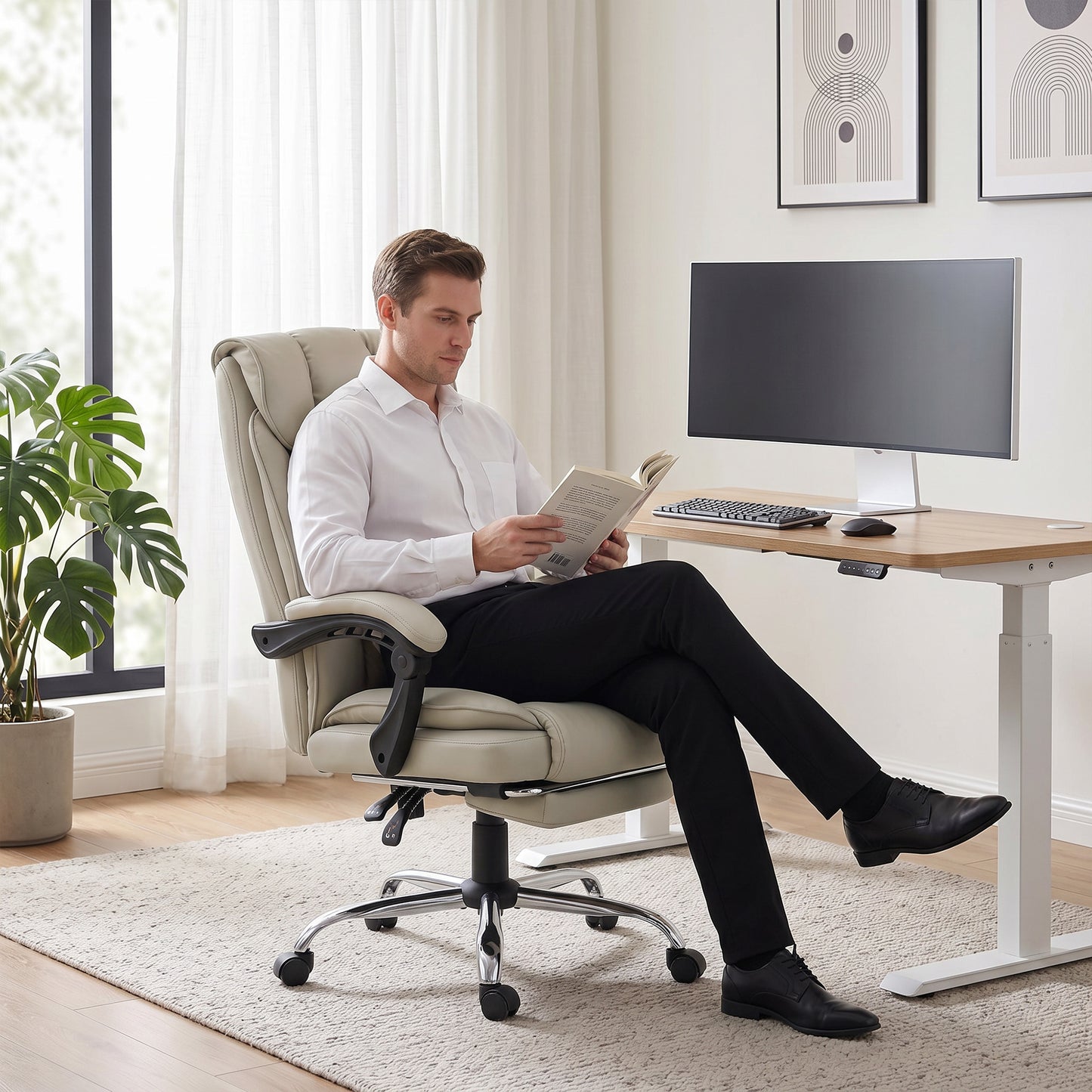 HOMCOM Pet-Friendly Faux Leather Computer Desk Chair, Executive Office Chair with Footrest and Double-Layer Padding, Khaki