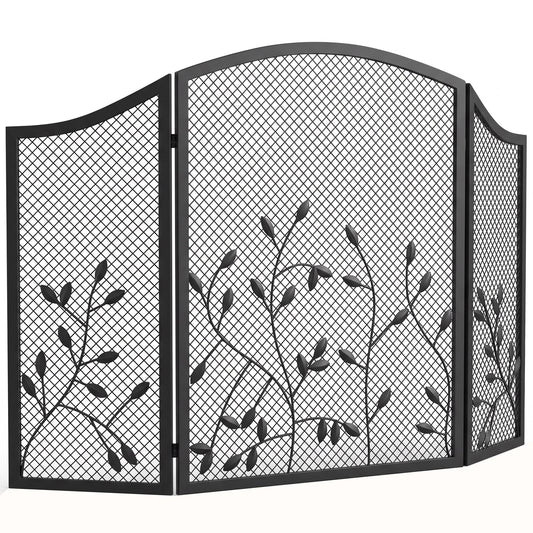 HOMCOM 3-Panel Folding Fireplace Screen for Hearth Protection, Heat-Resistant Metal Fire Spark Guard, Black