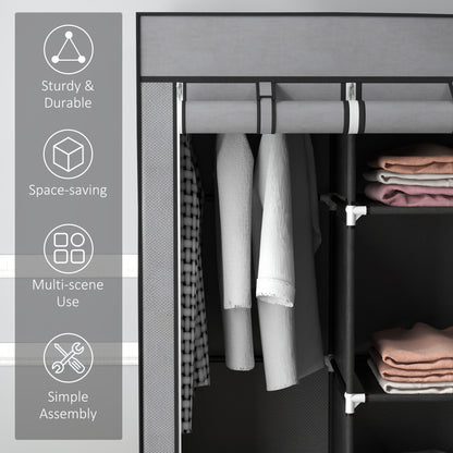 HOMCOM Foldable Fabric Wardrobe for Bedroom, Portable Wardrobe with 5 Shelves, 2 Hanging Rails and 3 Fabric Drawers, Dark Grey