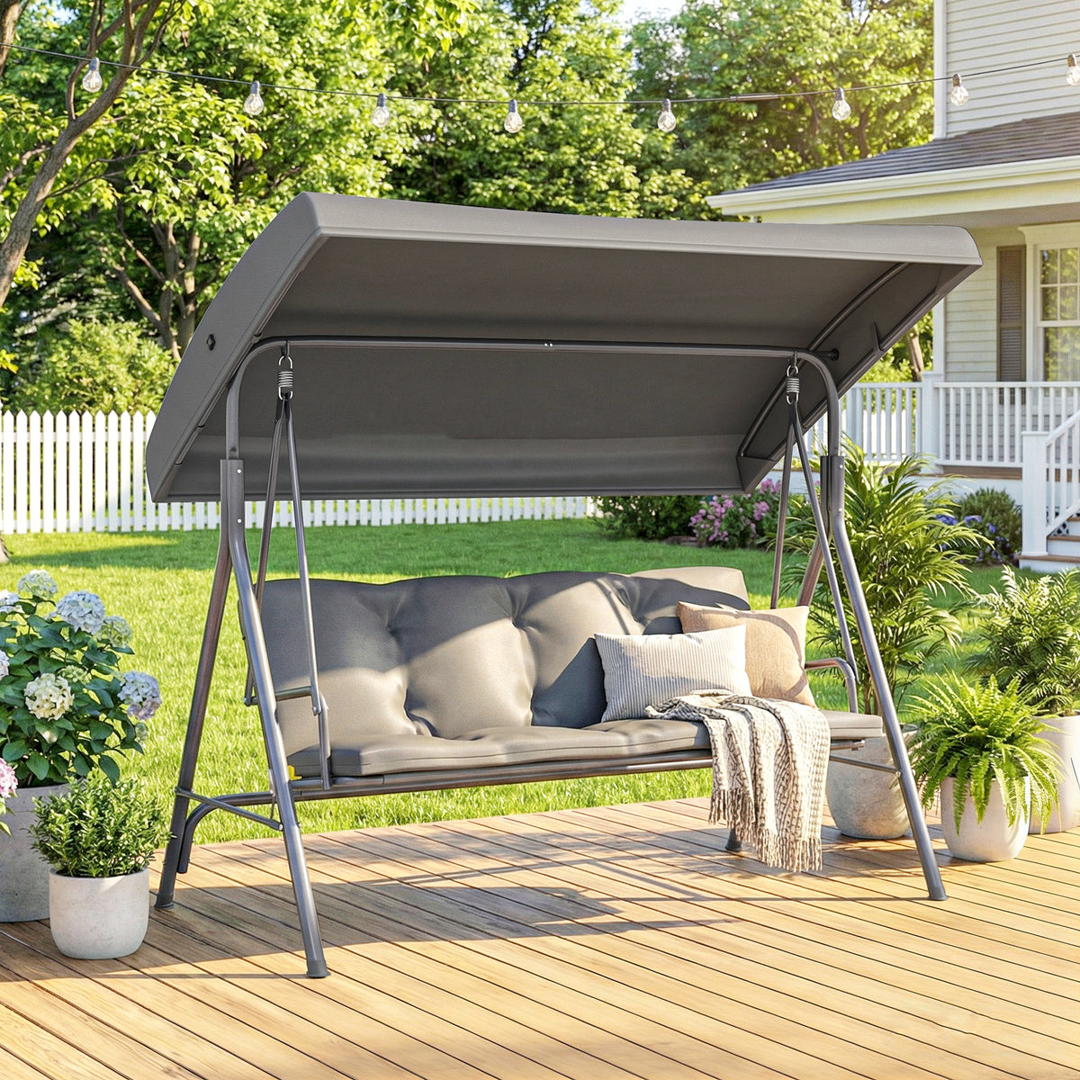 Outsunny 3 Seater Garden Swing Chair, Patio Rocking Bench with Tilting Canopy, Removable Cushion and Steel Frame, Dark Grey
