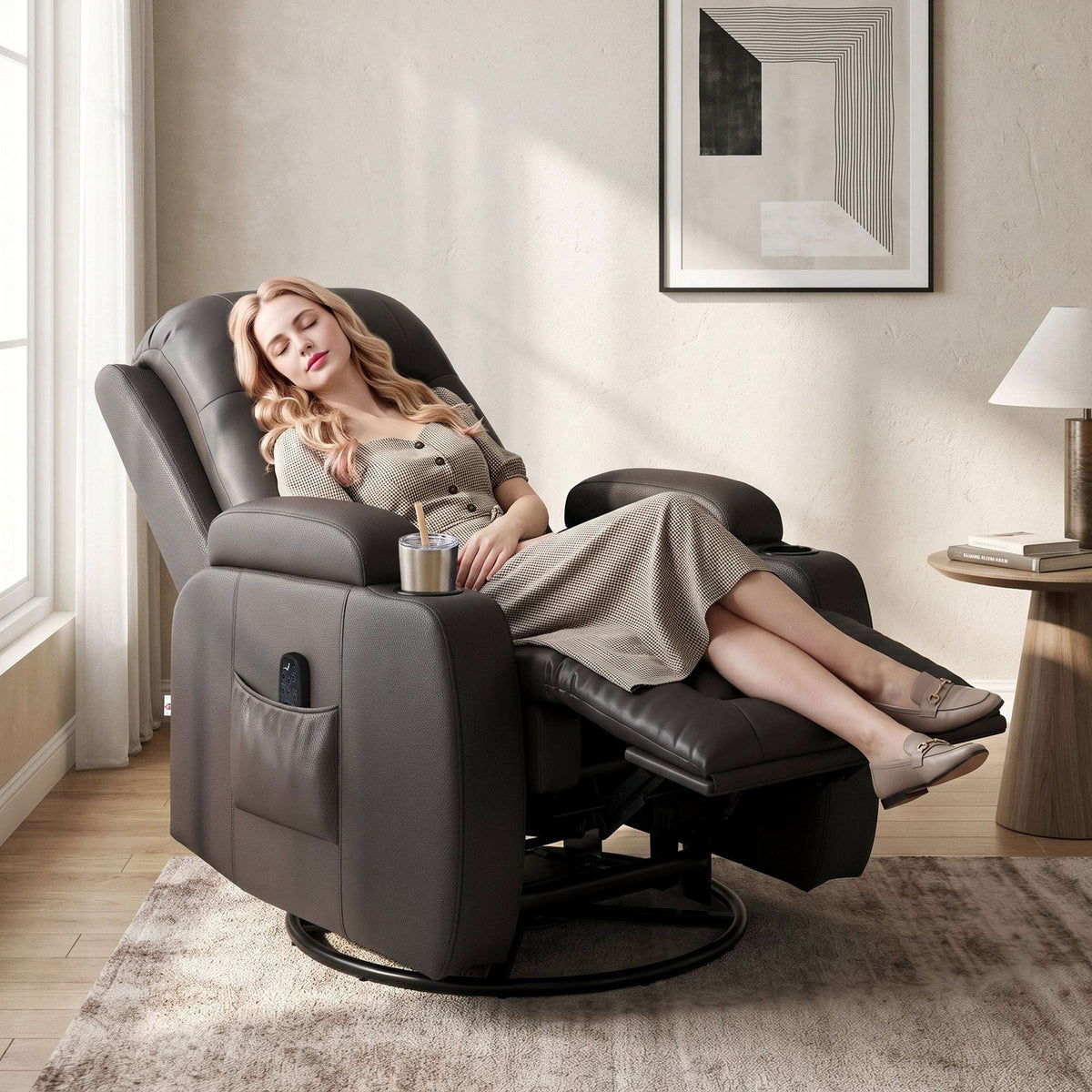HOMCOM PU Leather Recliner Chair, Recliner Armchair with Extended Footrest, Cup Holders and Side Pockets, Dark Brown