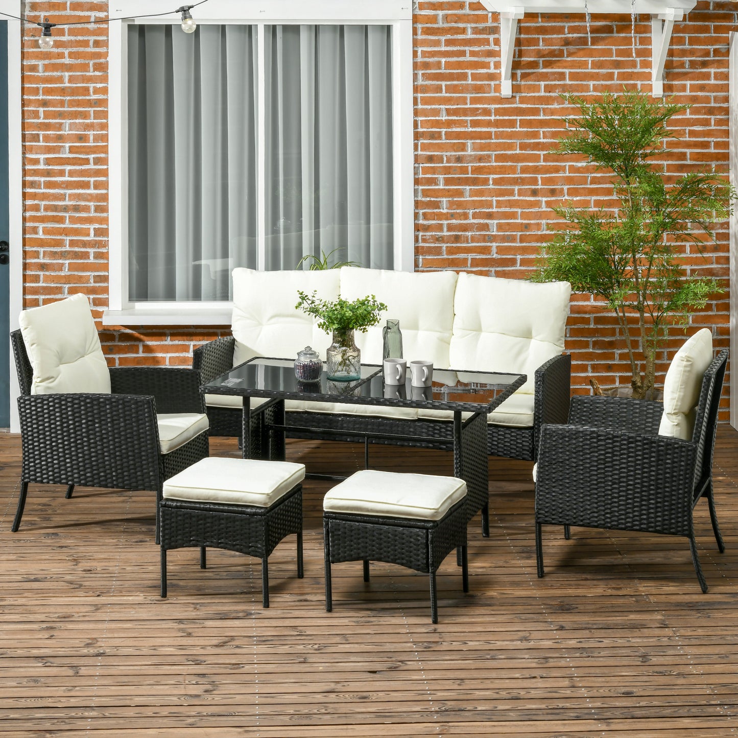 Outsunny 5 Seater Rattan Garden Furniture Set, 6 Piece Garden Sofa Set, Armchairs, 3-Seater Sofa, Footstools, Glass Dining Table, Cushions, Wicker Outdoor Furniture for Conservatory Patio, Cream