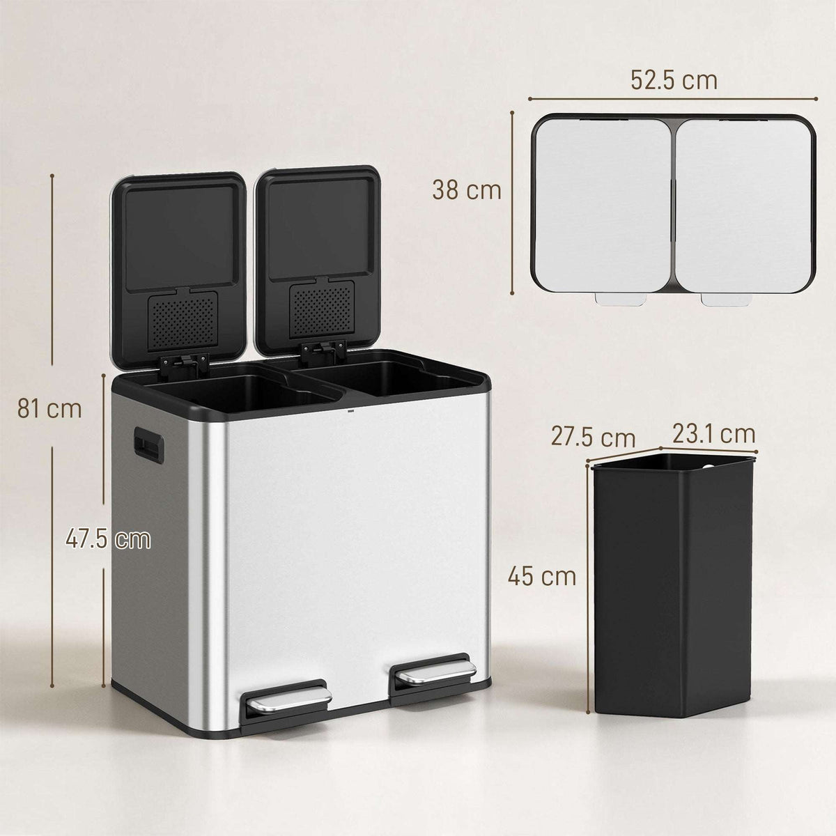 HOMCOM 2 x 20L Double Kitchen Bin, Stainless Steel Pedal Rubbish Bin with Dual Compartments, Soft Close Lids, Silver Tone