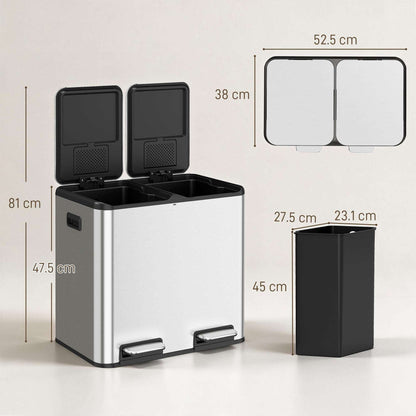 HOMCOM 2 x 20L Double Kitchen Bin, Stainless Steel Pedal Rubbish Bin with Dual Compartments, Soft Close Lids, Silver Tone