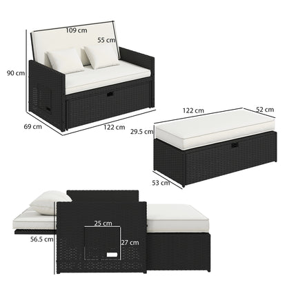 Outsunny Rattan Garden Daybed, Double Sun Lounger with 5-Level Adjustable Back, Storage Ottoman, Cream White