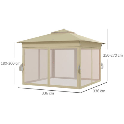 Outsunny 3.36 x 3.36m Pop Up Gazebo Party Tent with Solar-Powered LED Lights, Adjustable Event Shelter with Netting, Khaki
