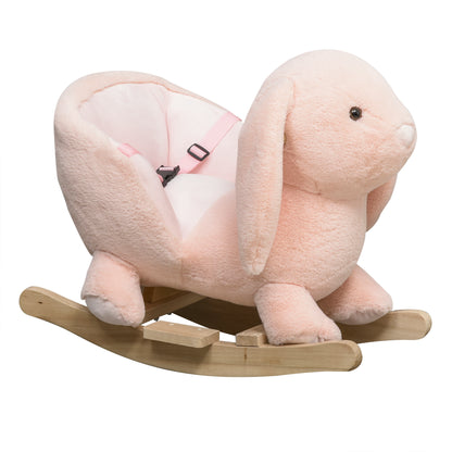HOMCOM Baby Rocking Horse, Plush Baby Rocker Rabbit Ride-On Toy with Sound, Wood Base, Seatbelt, for Ages 18-36 Months, Pink