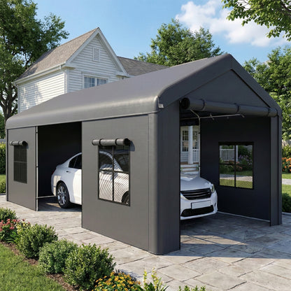 Outsunny 3 x 6 m Heavy Duty Carport, Portable Garage Car Canopy Tent with Galvanised Frame, Doors, Windows, Dark Grey