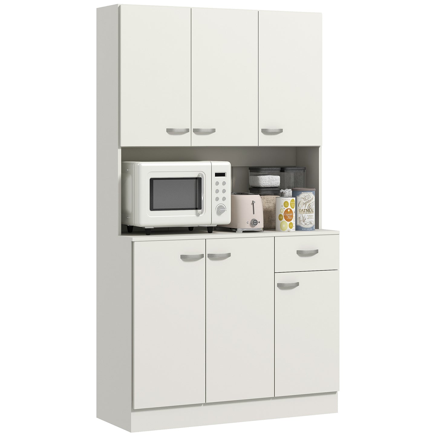 HOMCOM Freestanding Kitchen Pantry Storage Cabinet with Adjustable Shelves & Middle Worktop - White
