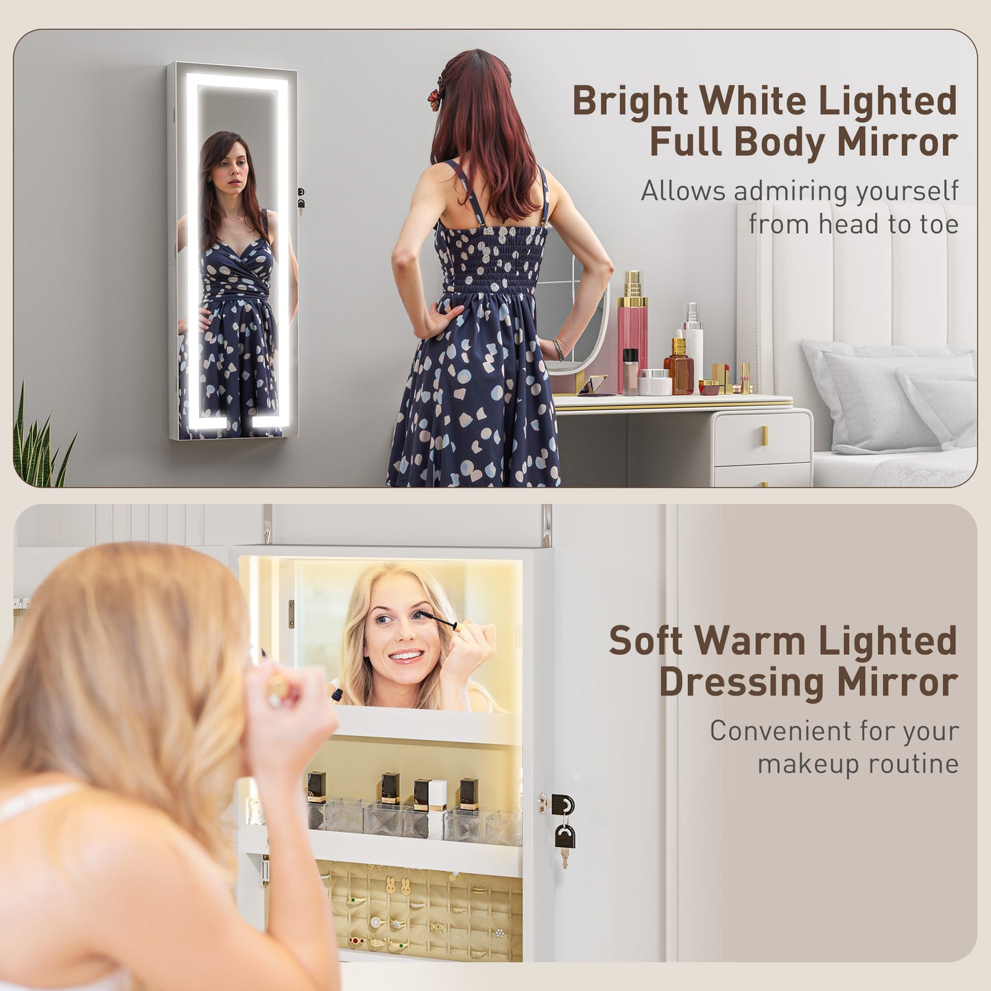 HOMCOM LED Mirror Jewellery Cabinet, Wall Mounted Full Length Mirror with Storage, Lockable Jewellery Organiser, White