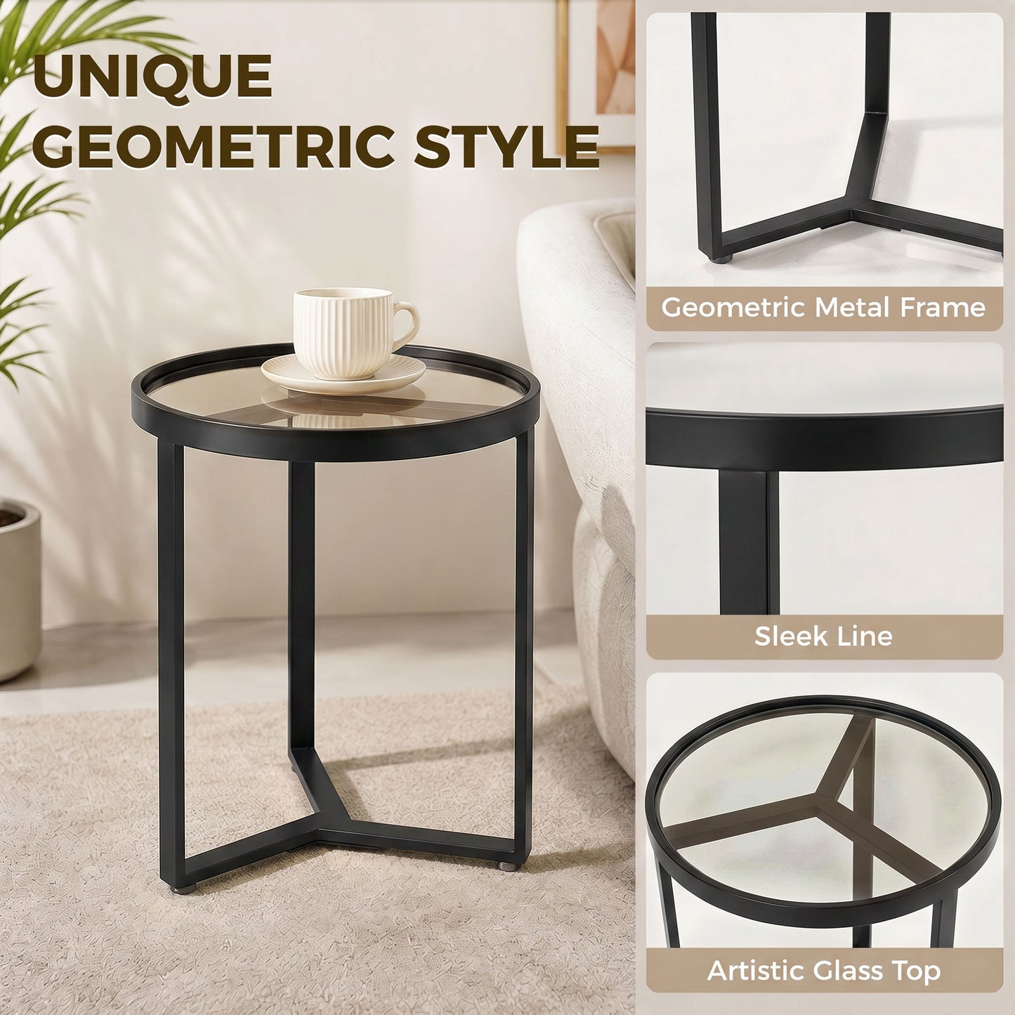 HOMCOM Round Side Table with Tempered Glass Top and Geometric Metal Frame for Small Space, Black
