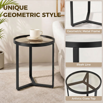 HOMCOM Round Side Table with Tempered Glass Top and Geometric Metal Frame for Small Space, Black