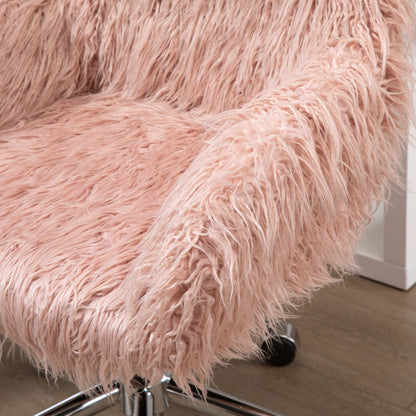 Vinsetto Faux Fur Desk Chair, Rolling Swivel Makeup Chair with Adjustable Height, Armrets for Home Office, Bedroom, Pink