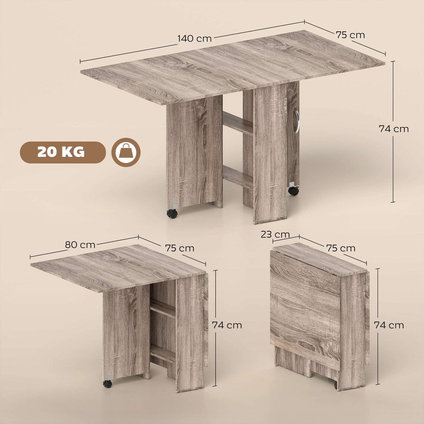 HOMCOM 80-140 cm Folding Dining Table for 4-6 People, Drop Leaf Table with 2-Tier Shelves, Rolling Casters, for Small Spaces, Kitchen, Flat, Dining Room, Grey