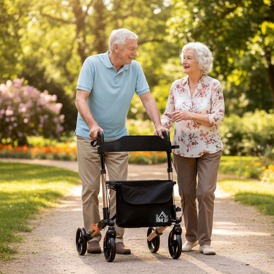 HOMCOM Rollator Walker with Seat, Compact Quick Folding Mobility Walker with 8" Wheels, Carry Bag, Adjustable Height, Cane Holder and Lightweight Aluminium Frame for Seniors and Disabled, Gold Tone