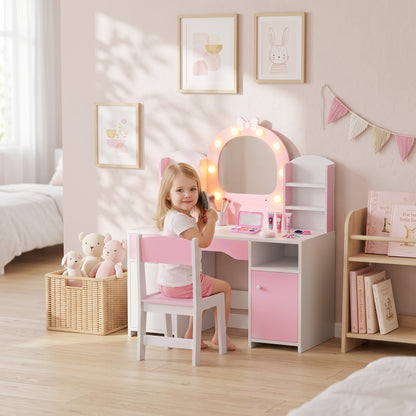 AIYAPLAY Kids Vanity Set, Girls Dressing Table with Stool, 2-Colour Lights Mirror, Cabinet, Drawer and Shelves, Pink
