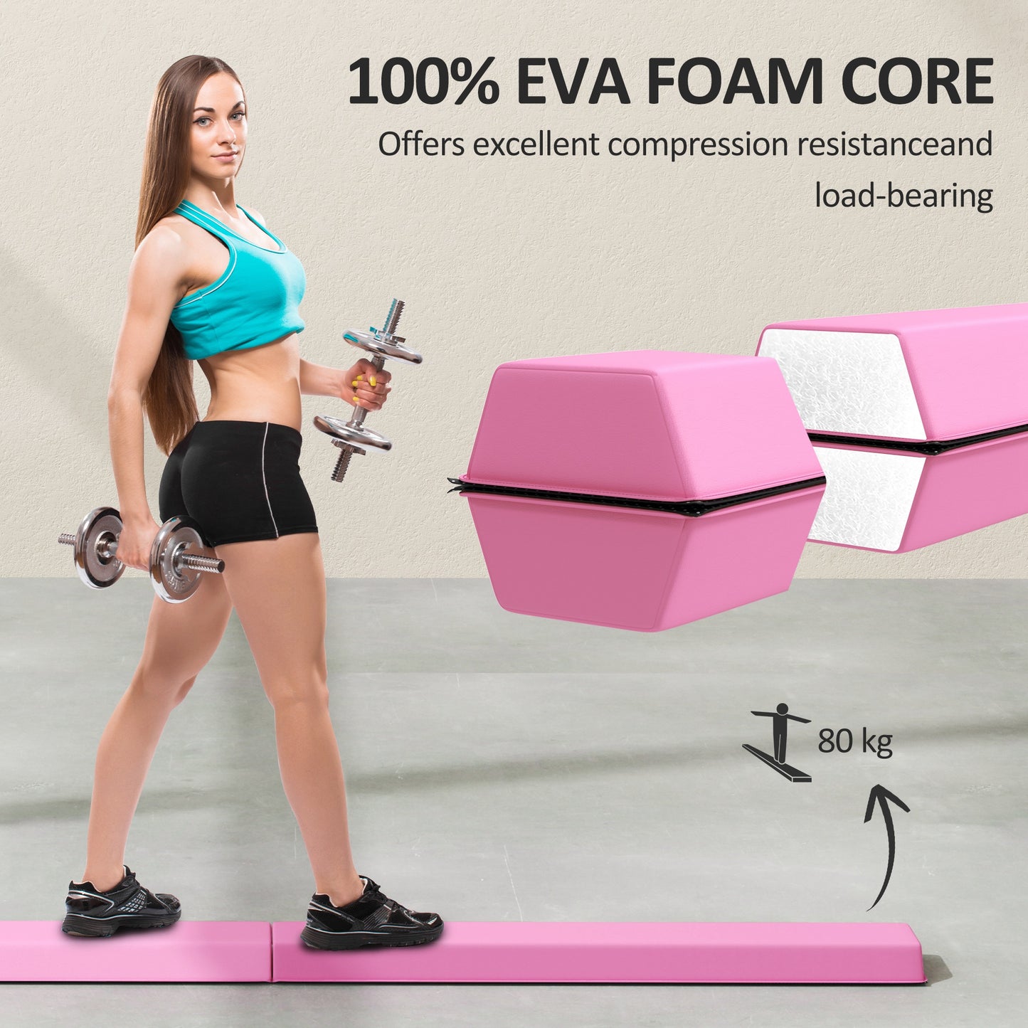 SPORTNOW 7.7ft Folding Gymnastics Beam, Floor Balance Beam for Kids with Anti-Slip Base, Gymnastics Equipment for Home, Pink