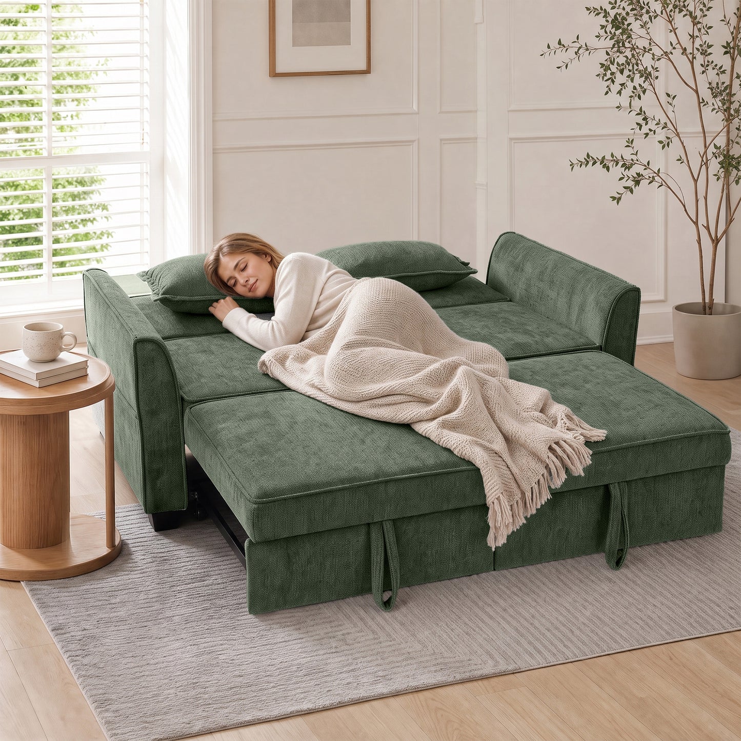 HOMCOM 2 Seater Sofa Bed, 4-in-1 L-Shaped Convertible Pull-Out Sleeper Sofa with Adjustable Backrest Side Pockets, Dark Green