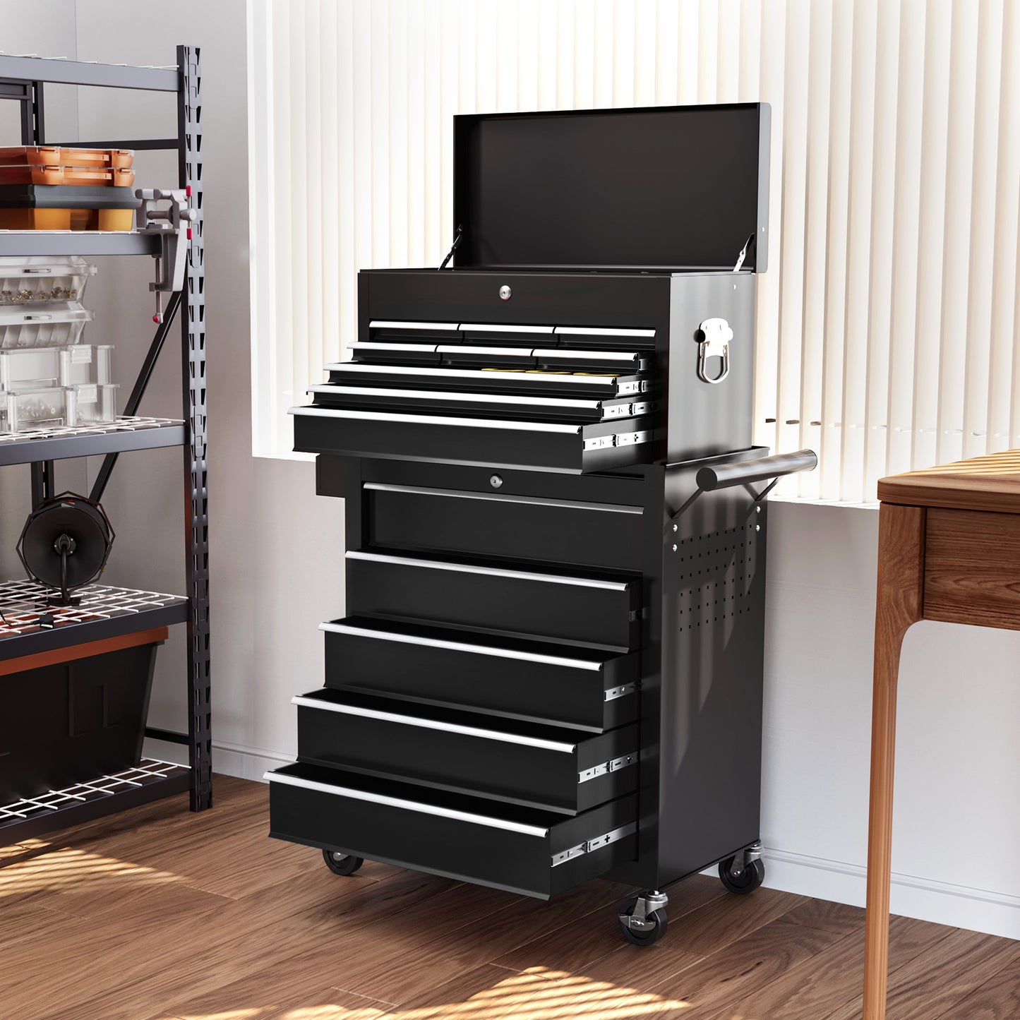HOMCOM 14 Drawer, Two-Part Tool Storage Chest on Wheels - Black