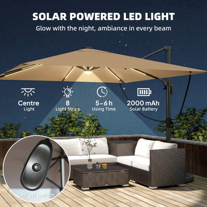 Outsunny 3 x 3 m Garden Cantilever Parasol with Light, Umbrella with Wind Protection, 360° Rotation, Khaki
