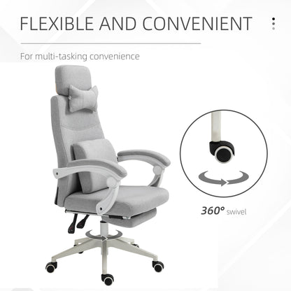 Vinsetto Office Chair, High Back Fabric Work Chair with 160° Reclining Backrest, Retractable Footrest, Neck and Lumbar Pillow, Light Grey