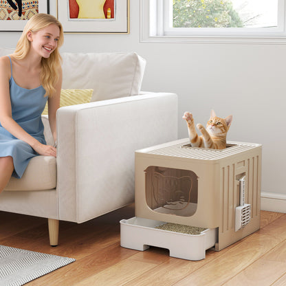 PawHut Cat Litter Box with Lid, Slide-Out Drawer, Scoop, Easy Clean, Odour Control, Anti-Splashing, Khaki