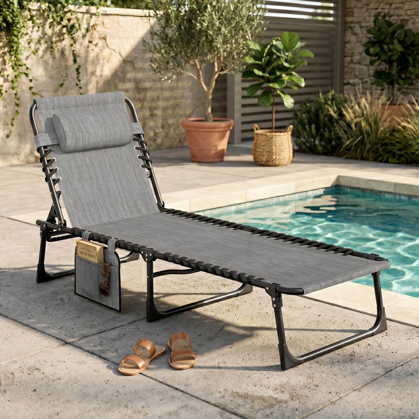 Outsunny Portable Sun Lounger, Folding Camping Bed Cot, Reclining Lounge Chair 5-position Adjustable Backrest with Side Pocket, Pillow for Patio Garden Beach Pool, Mixed Grey