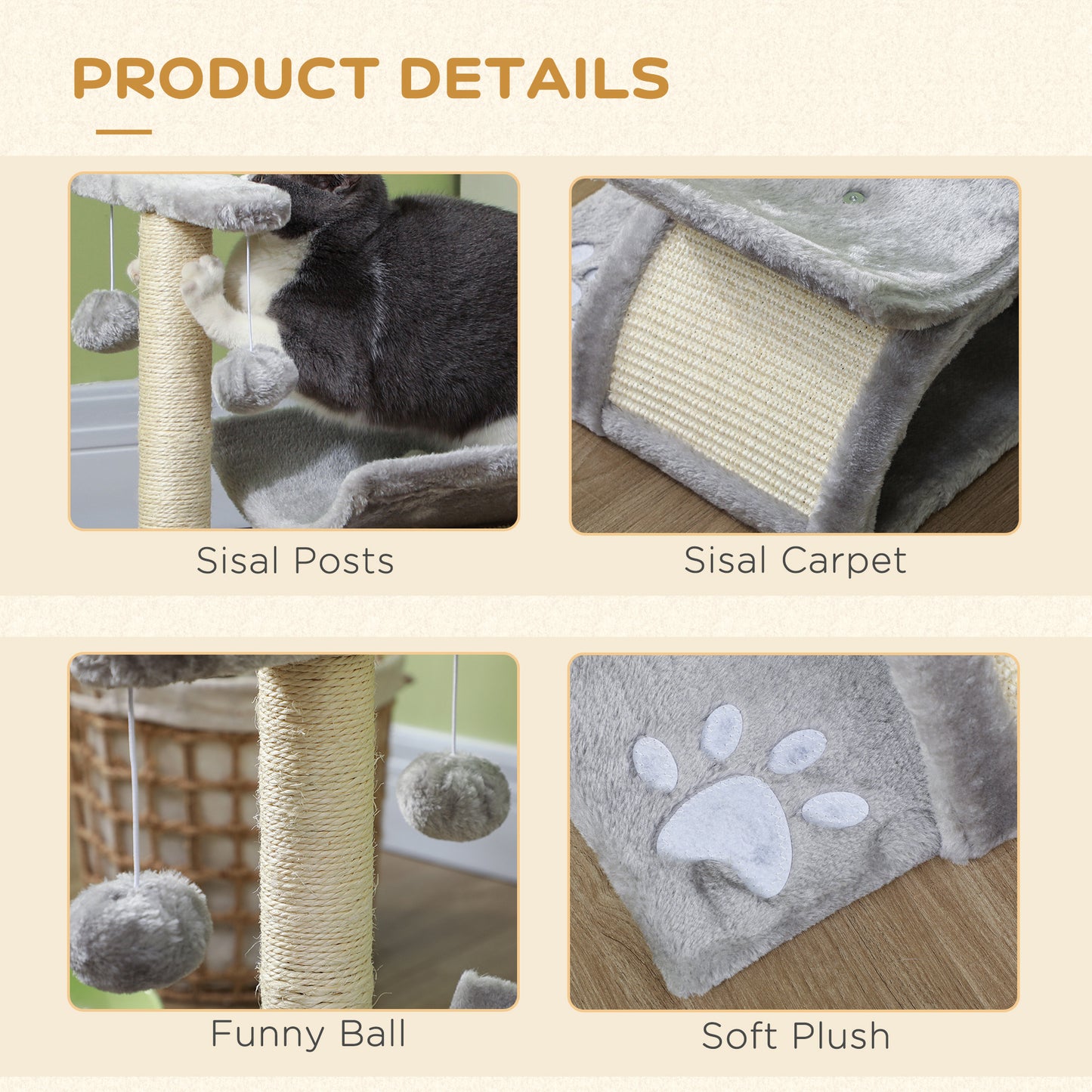 PawHut Cat Tree, Cat Tower for Kittens with Rotatable Top Bar, Sisal Scratching Post, Tunnel, Dangling Balls - Grey