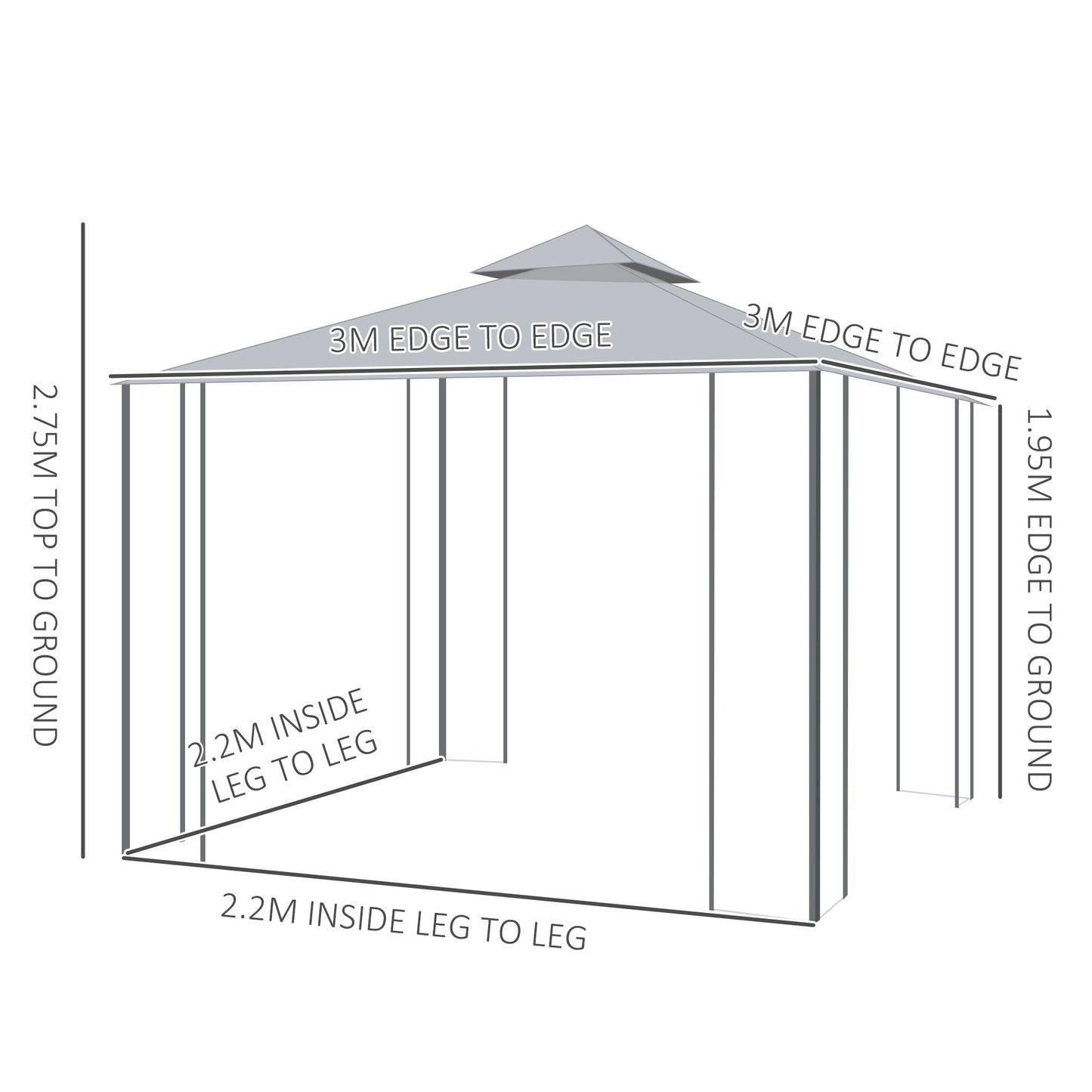 Outsunny 3(M)x3(M) Garden Gazebo Double Top Outdoor Canopy Patio Event Party Wedding Tent Backyard Sun Shade with Netting - Grey