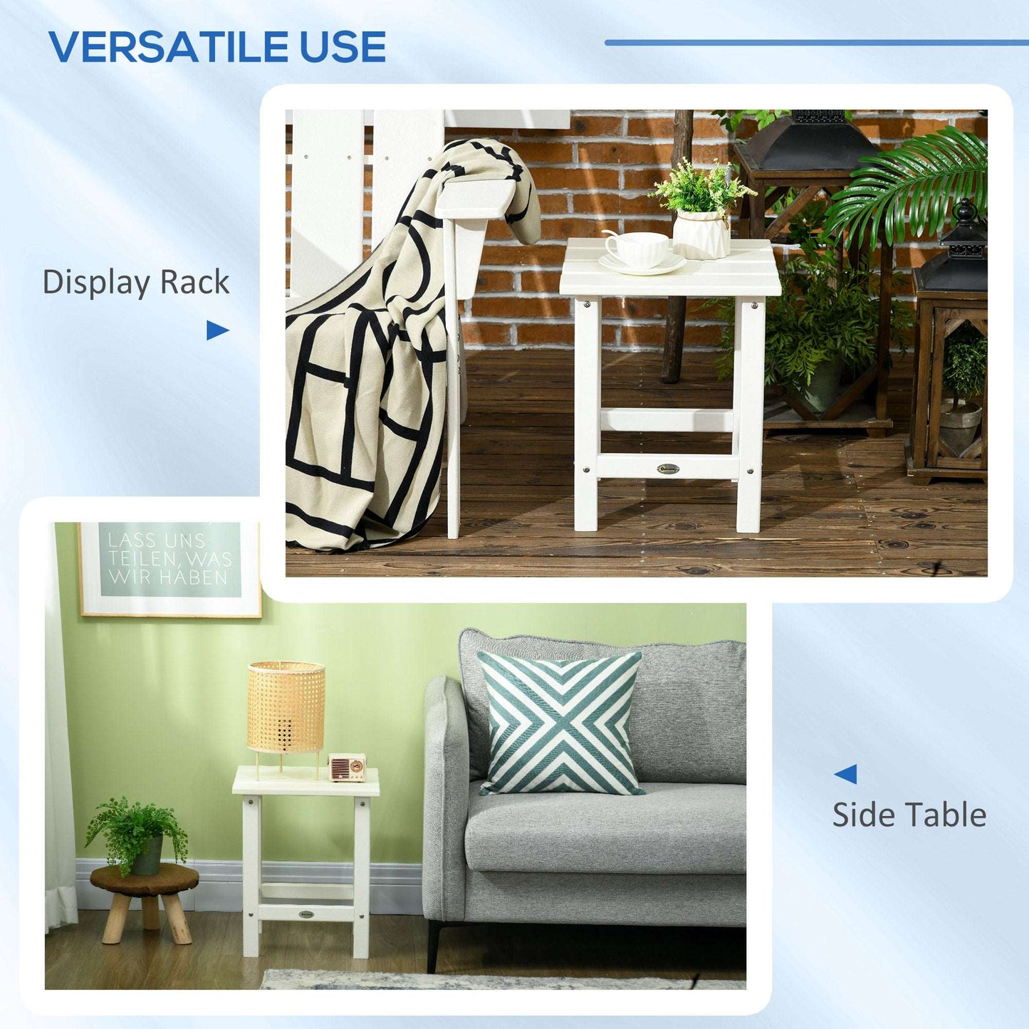 Outsunny Square Coffee Table, HDPE Tabletop and Frame for Porch, Garden, Side Table, 38 x 38 x 46 cm, White