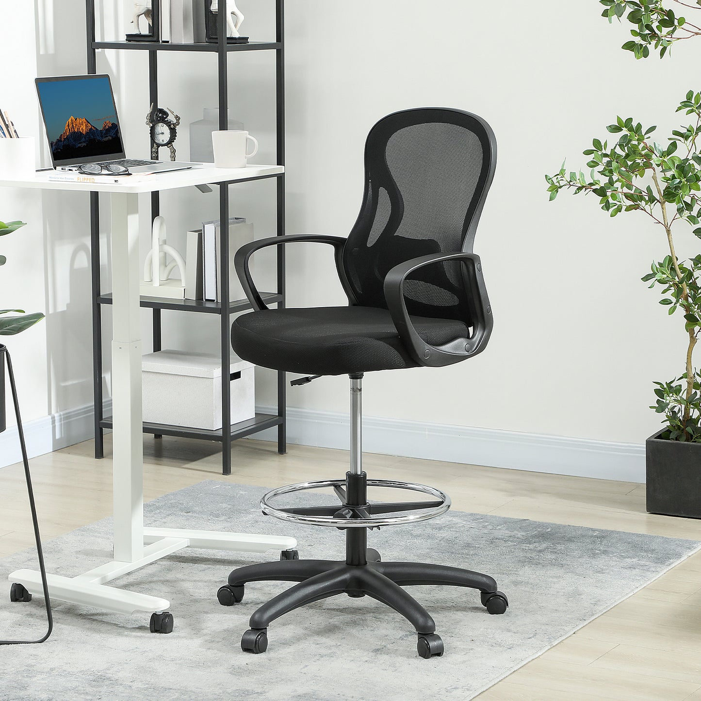 Vinsetto Drafting Chair with Adjustable Footrest, Ergonomic Mesh Office Chair with Lumbar Support, Adjustable Height for Standing Desk, Black