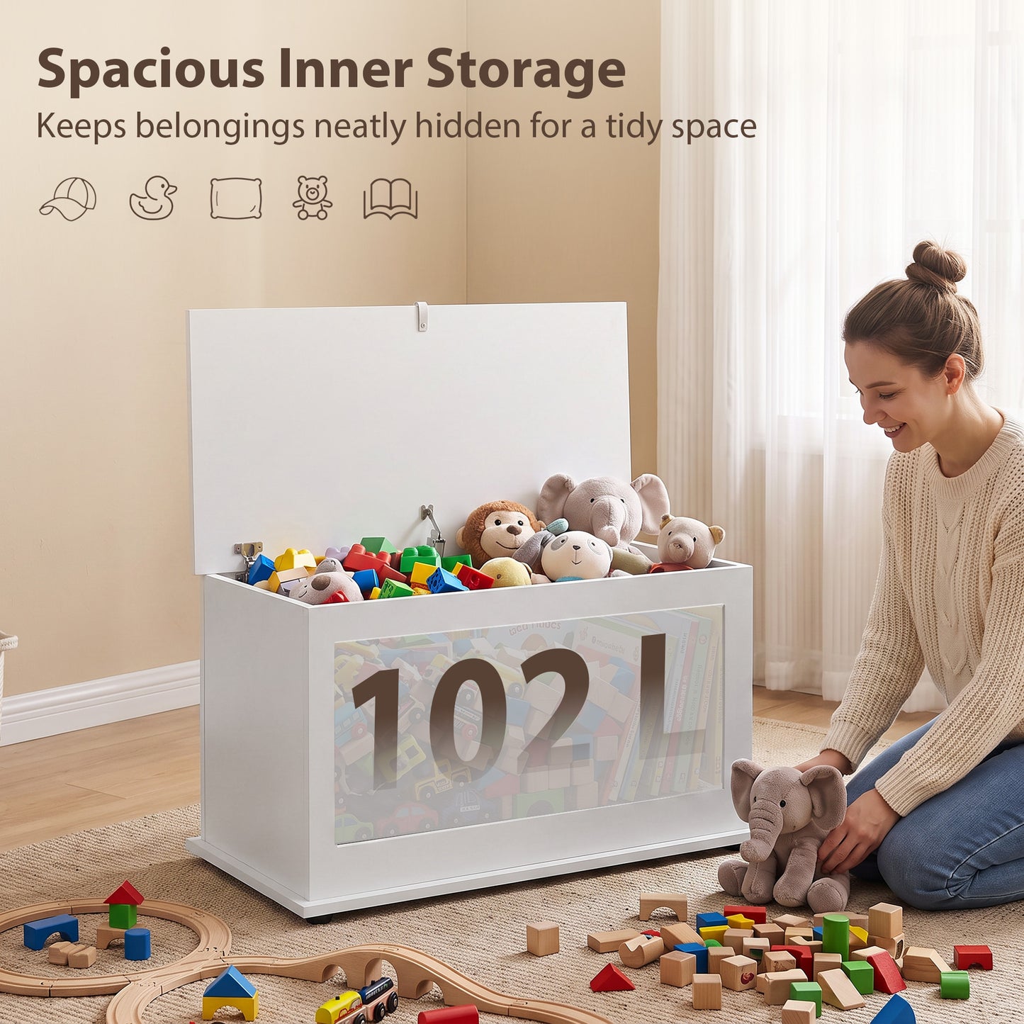 HOMCOM Storage Chest, 102L Blanket Box, Shoe Bench with Safety Hinged Lid, Bed End Bench for Bedroom, 80 x 40 x 45cm, White
