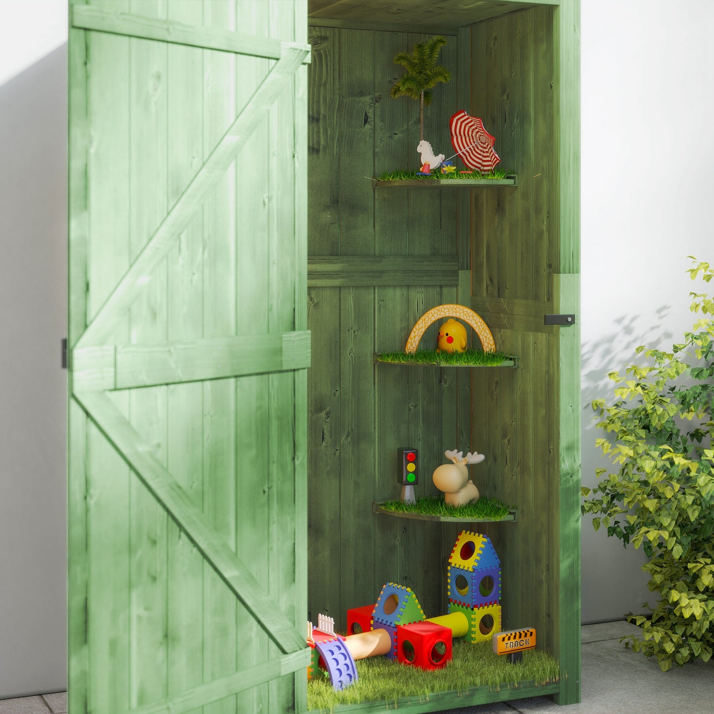 Outsunny Small Shed, Tall Slim Wooden Garden Shed with 3 Removable Shelves and Roof Hatch, Compact Outdoor Tool Storage Cabinet with Asphalt Roof and Door Latch, 77 x 54.2 x 179 cm, Green