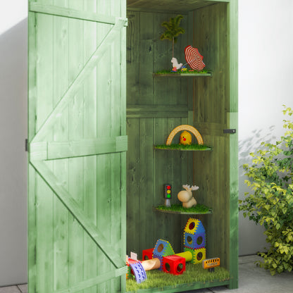 Outsunny Small Shed, Tall Slim Wooden Garden Shed with 3 Removable Shelves and Roof Hatch, Compact Outdoor Tool Storage Cabinet with Asphalt Roof and Door Latch, 77 x 54.2 x 179 cm, Green