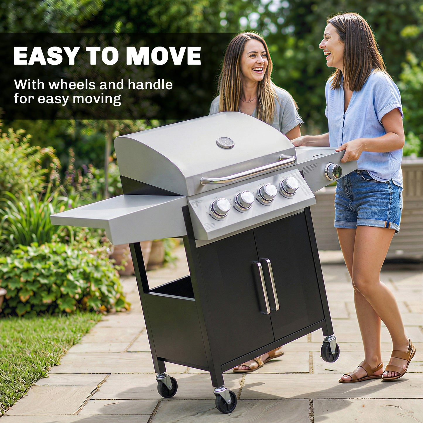 Outsunny 4+1 Burner Gas BBQ Grill with Side Burner, 14.5 kW Steel Portable Gas Barbecue Grill with Built-in Thermometer, Lid