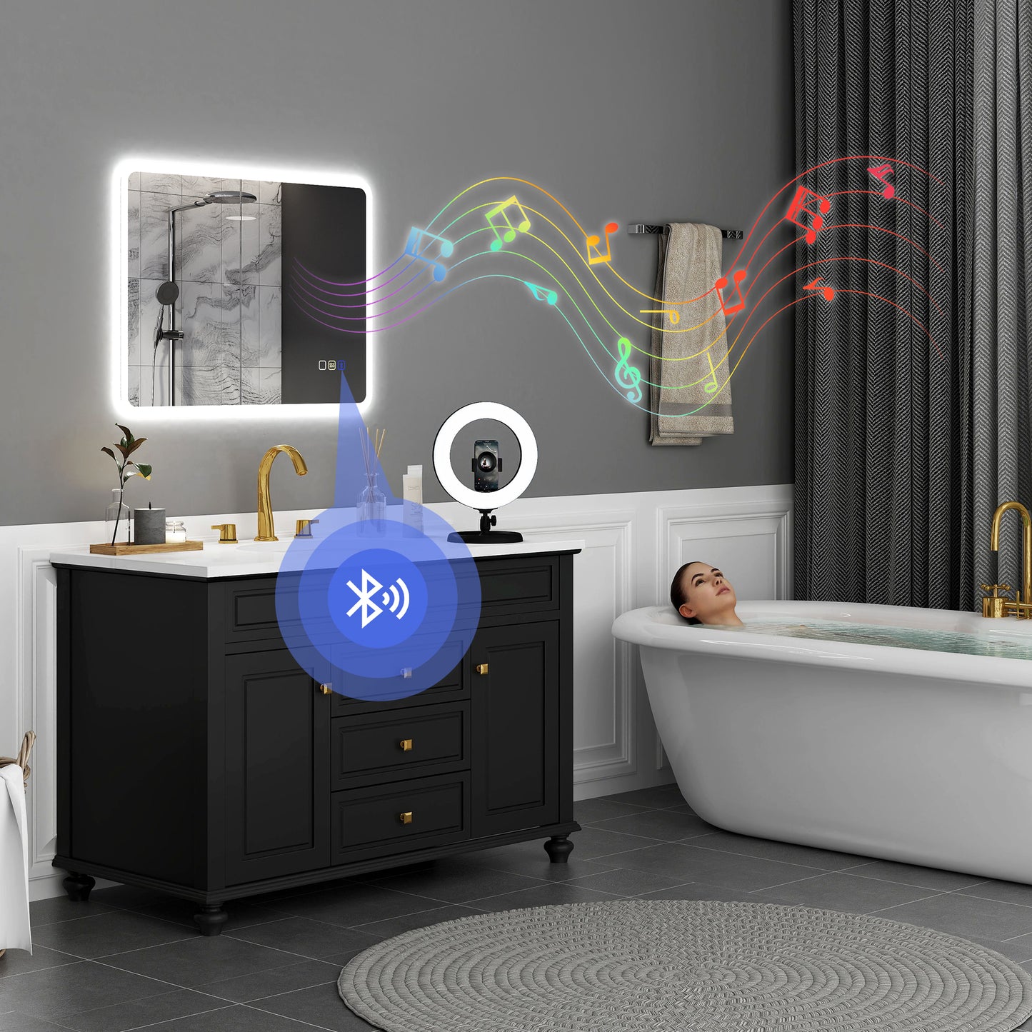 HOMCOM 80 x 60cm LED Bathroom Mirror, with Bluetooth - Silver Tone