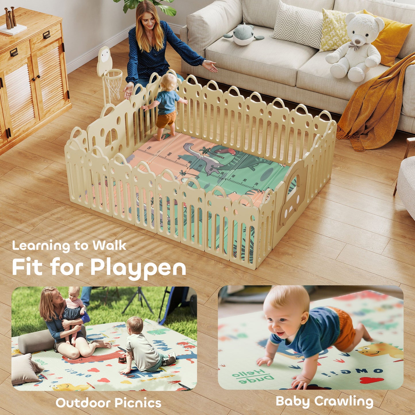 AIYAPLAY Dinosaur-Themed Baby Plat Mat Double Sided, Foldable, Water-Resistant for Outdoor/Indoor, 177 x 146 x 1.5cm--ChewyGames-ChewyGames